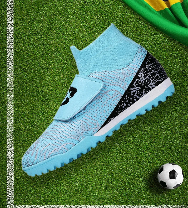 High Quality Turf Soccer Shoes Boys Girls High Top HOOK&LOOP Kids Futsal Sneakers Fashion Green TF Football Boots For Children