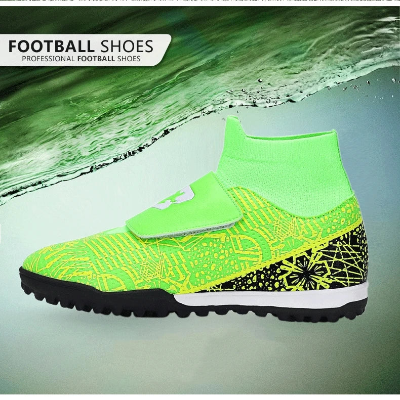 High Quality Turf Soccer Shoes Boys Girls High Top HOOK&LOOP Kids Futsal Sneakers Fashion Green TF Football Boots For Children