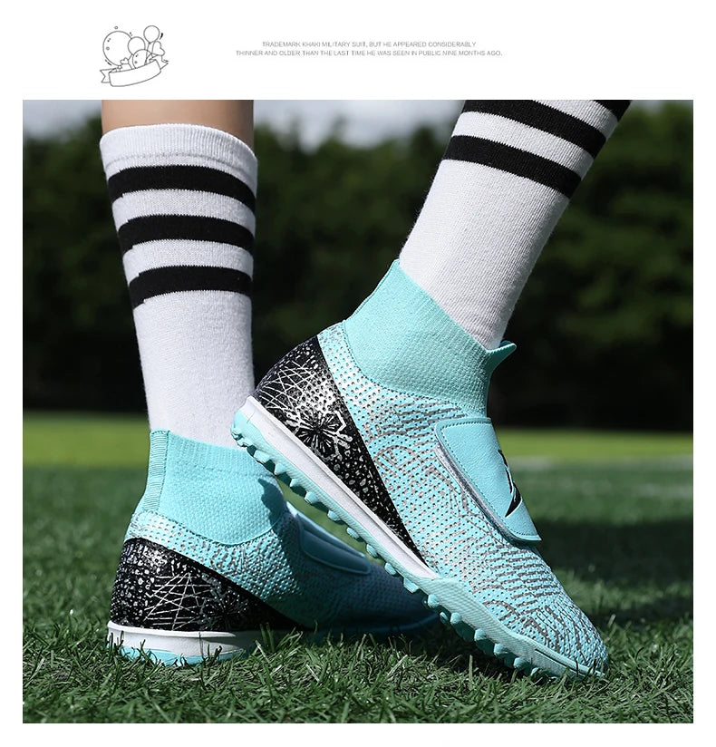 High Quality Turf Soccer Shoes Boys Girls High Top HOOK&LOOP Kids Futsal Sneakers Fashion Green TF Football Boots For Children
