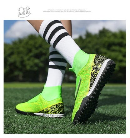 High Quality Turf Soccer Shoes Boys Girls High Top HOOK&LOOP Kids Futsal Sneakers Fashion Green TF Football Boots For Children