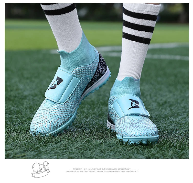 High Quality Turf Soccer Shoes Boys Girls High Top HOOK&LOOP Kids Futsal Sneakers Fashion Green TF Football Boots For Children