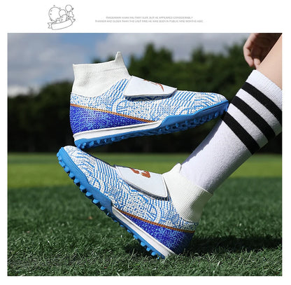 High Quality Turf Soccer Shoes Boys Girls High Top HOOK&LOOP Kids Futsal Sneakers Fashion Green TF Football Boots For Children