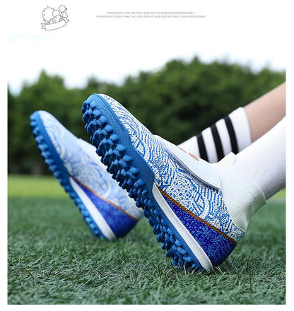 High Quality Turf Soccer Shoes Boys Girls High Top HOOK&LOOP Kids Futsal Sneakers Fashion Green TF Football Boots For Children