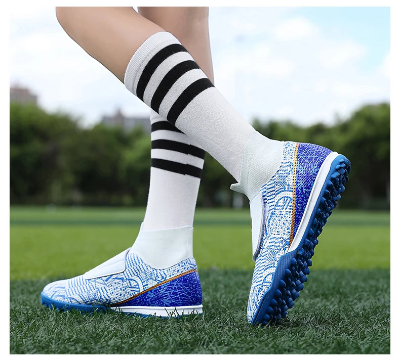 High Quality Turf Soccer Shoes Boys Girls High Top HOOK&LOOP Kids Futsal Sneakers Fashion Green TF Football Boots For Children