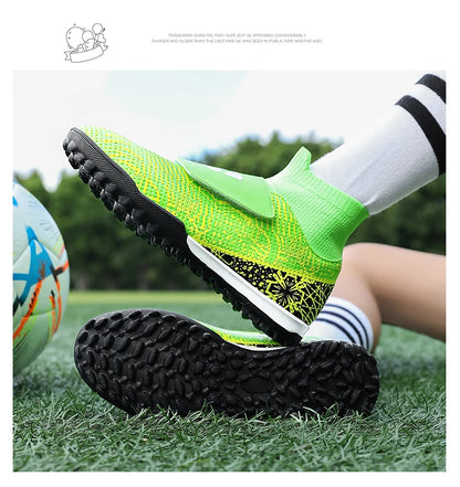 High Quality Turf Soccer Shoes Boys Girls High Top HOOK&LOOP Kids Futsal Sneakers Fashion Green TF Football Boots For Children
