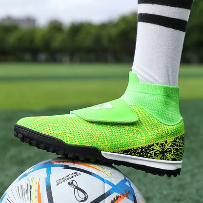 High Quality Turf Soccer Shoes Boys Girls High Top HOOK&LOOP Kids Futsal Sneakers Fashion Green TF Football Boots For Children