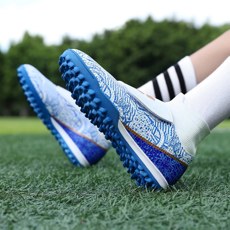 High Quality Turf Soccer Shoes Boys Girls High Top HOOK&LOOP Kids Futsal Sneakers Fashion Green TF Football Boots For Children
