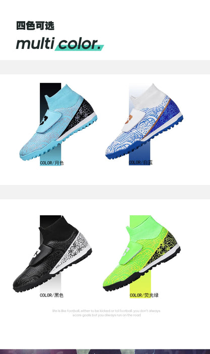 High Quality Turf Soccer Shoes Boys Girls High Top HOOK&LOOP Kids Futsal Sneakers Fashion Green TF Football Boots For Children
